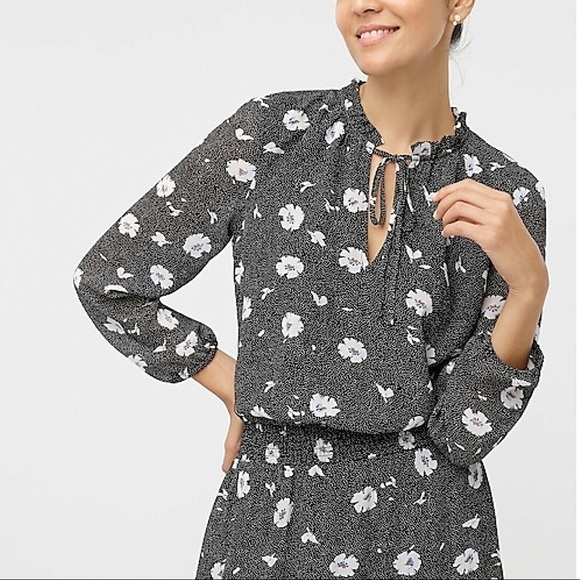 J. Crew Factory Black Floral Printed Tie-Neck Long Sleeve Dress 
Size XS - Picture 9 of 10